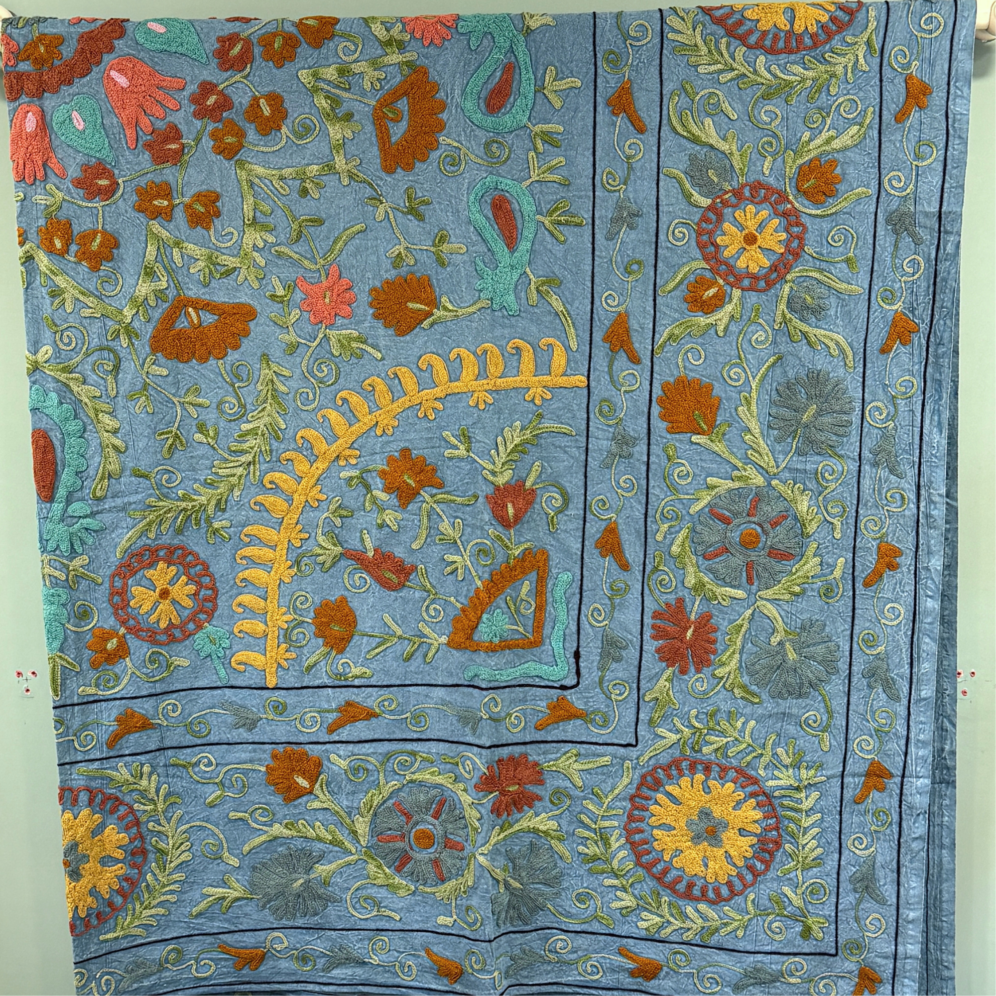 Extra Large Suzani - Blue, Terracotta, Sage Green, Coral