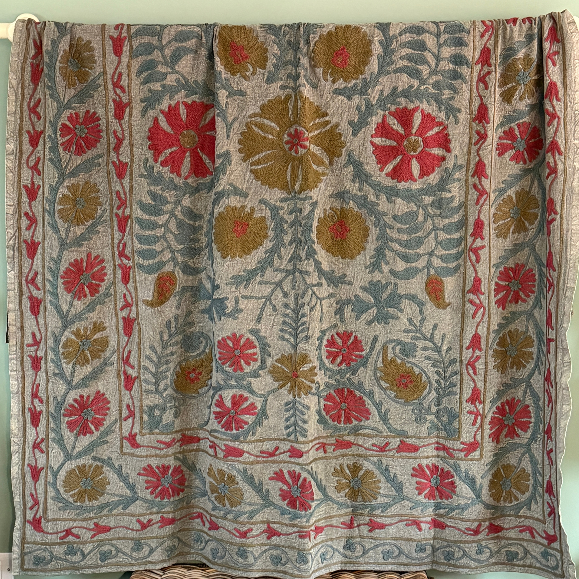 Large Coloured Suzani - Grey, Taupe, Soft Blue, Claret