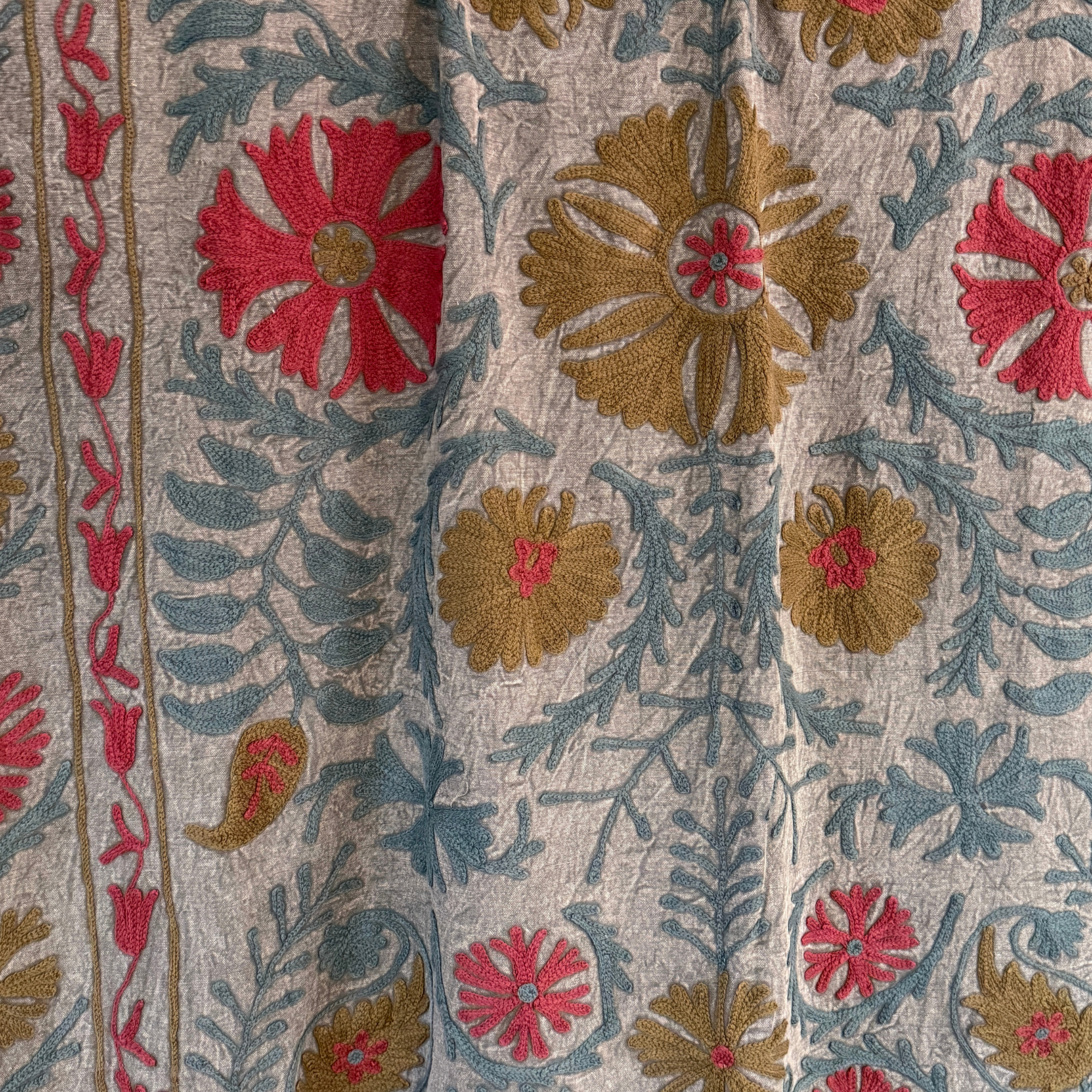 Large Coloured Suzani - Grey, Taupe, Soft Blue, Claret
