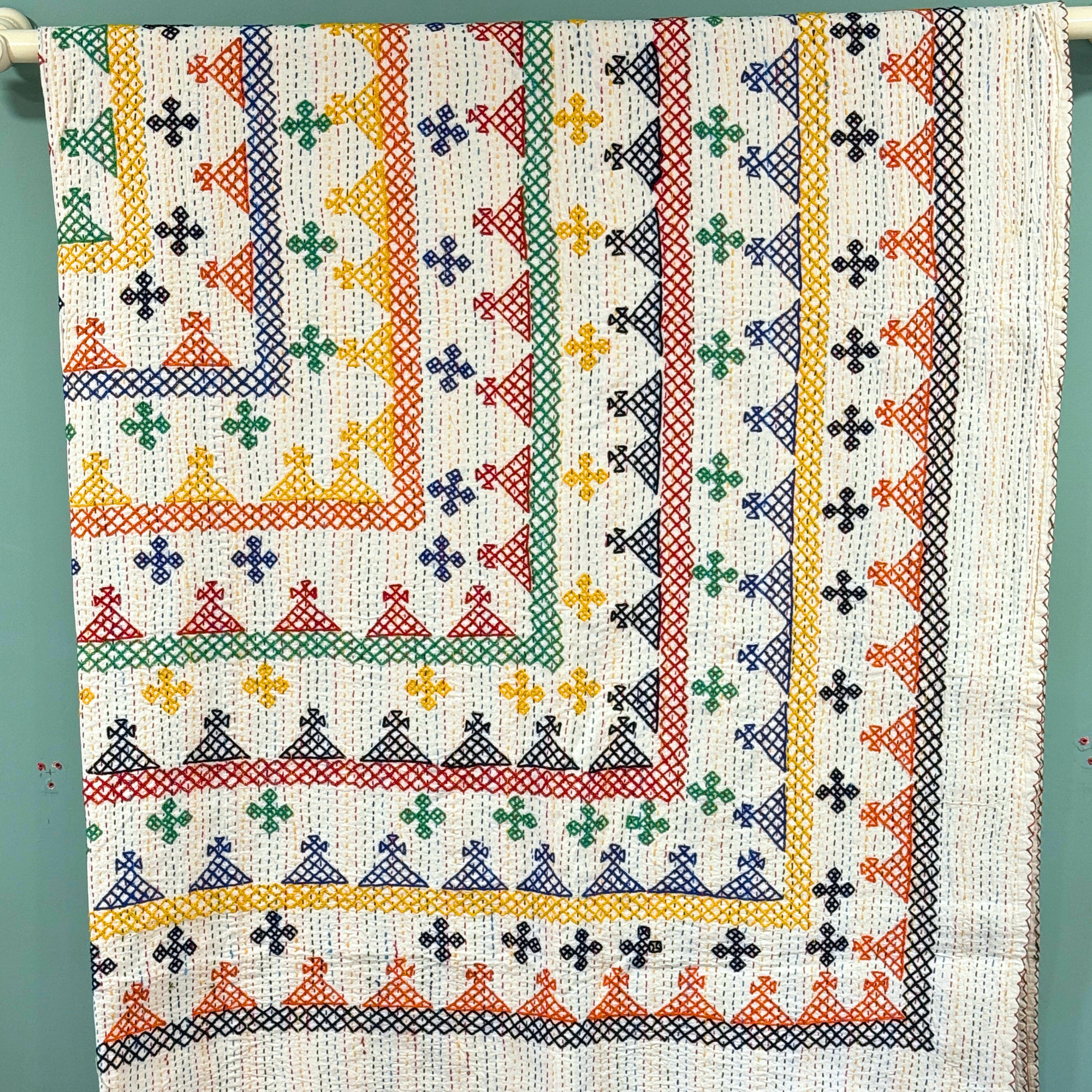 LARGE KANTHA BEDSPREAD - NAVY, ORANGE, YELLOW, GREEN, RED