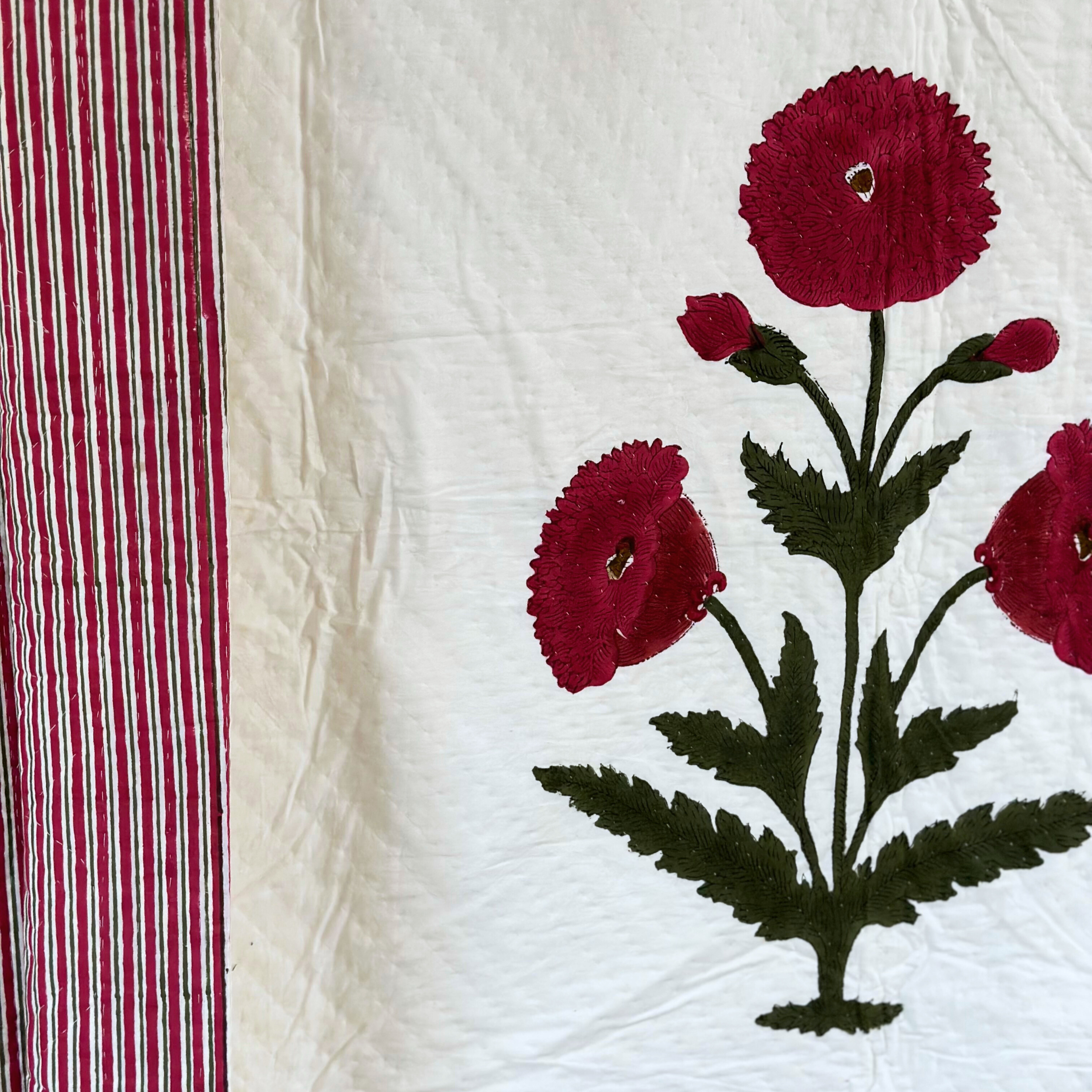 Red Poppy Double Pique Quilt with Striped Reverse