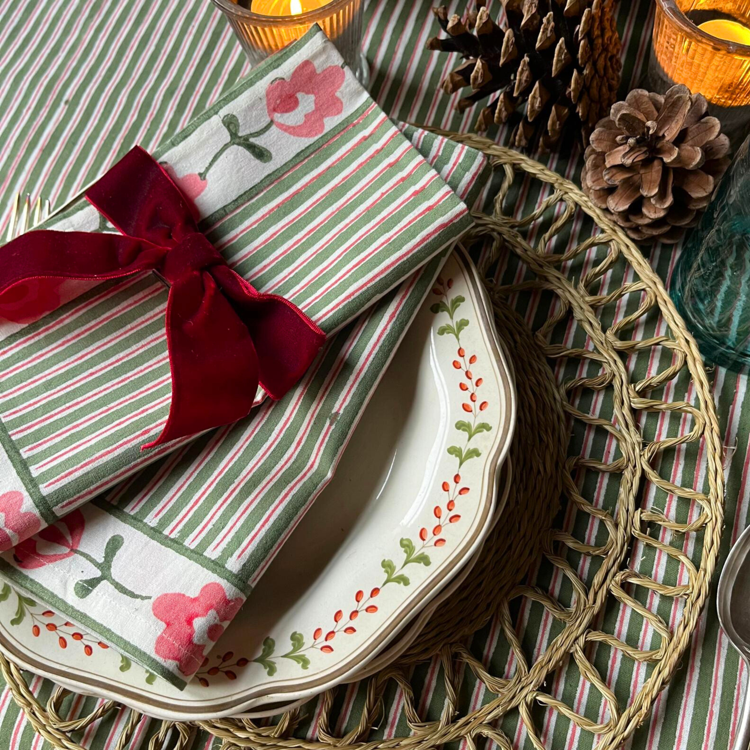 Dark Green Suzani Stripe Napkins - Set of 4