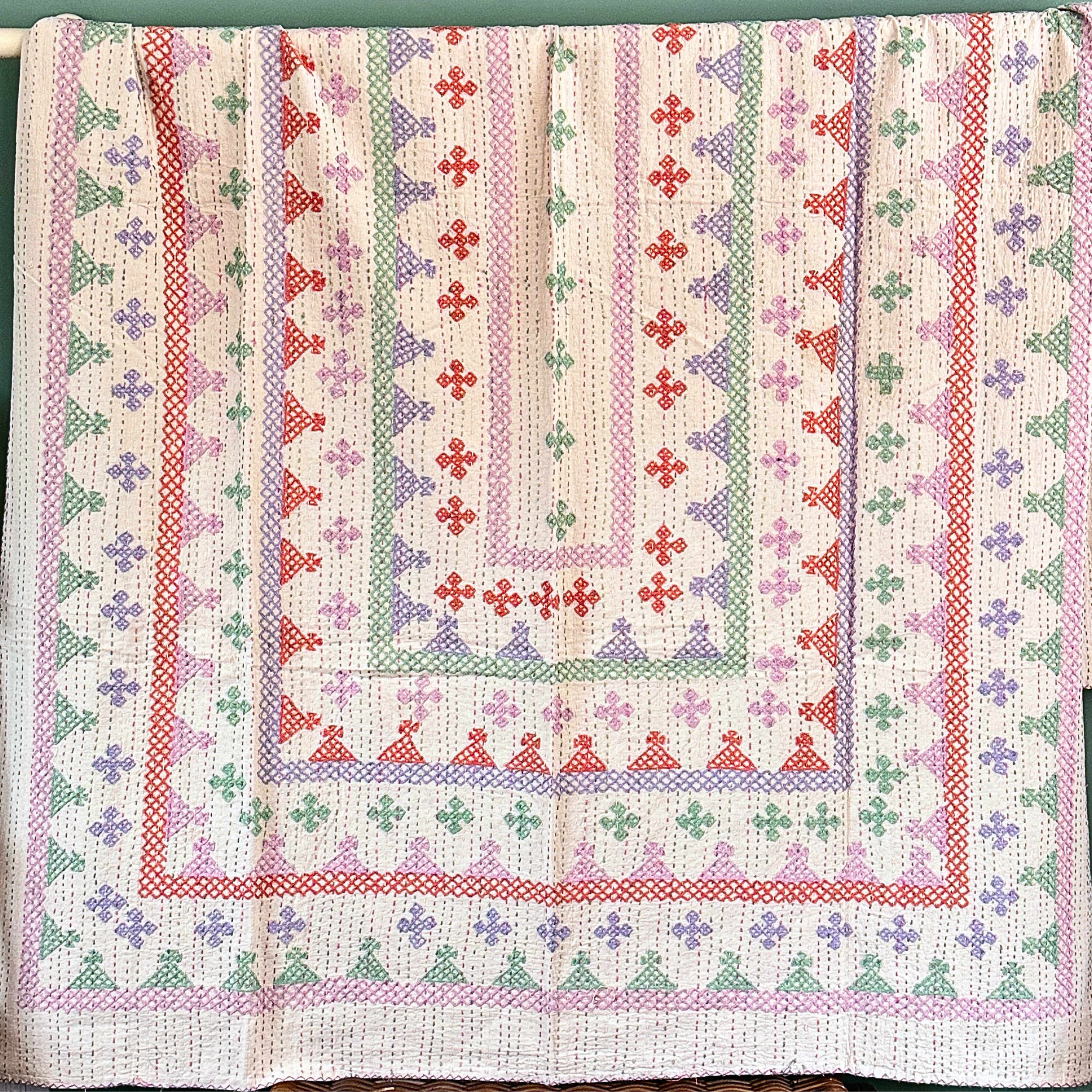 SINGLE KANTHA  - LILAC, GREEN, PEACH