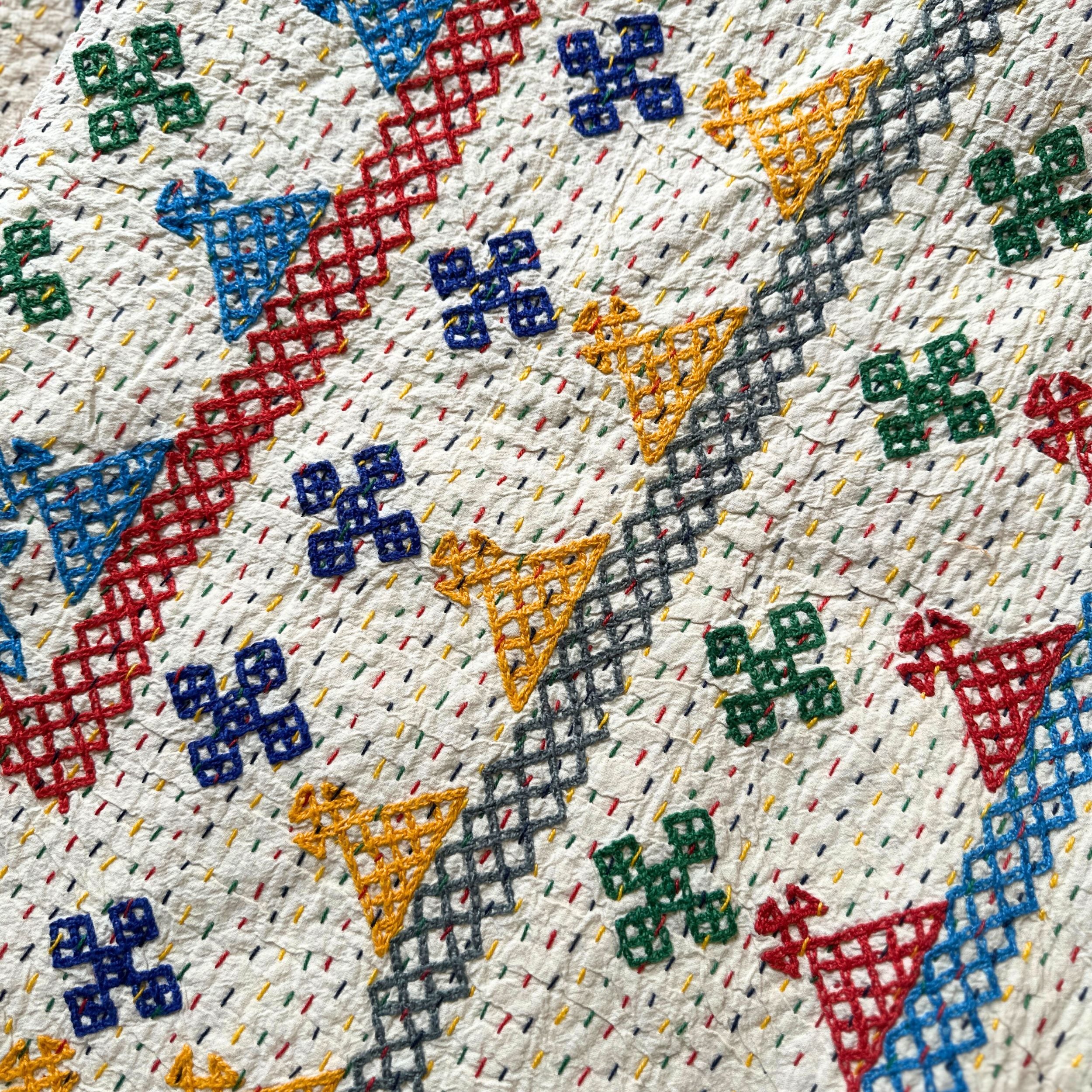LARGE KANTHA BEDSPREAD - BLUE, RED, GREEN, YELLOW,