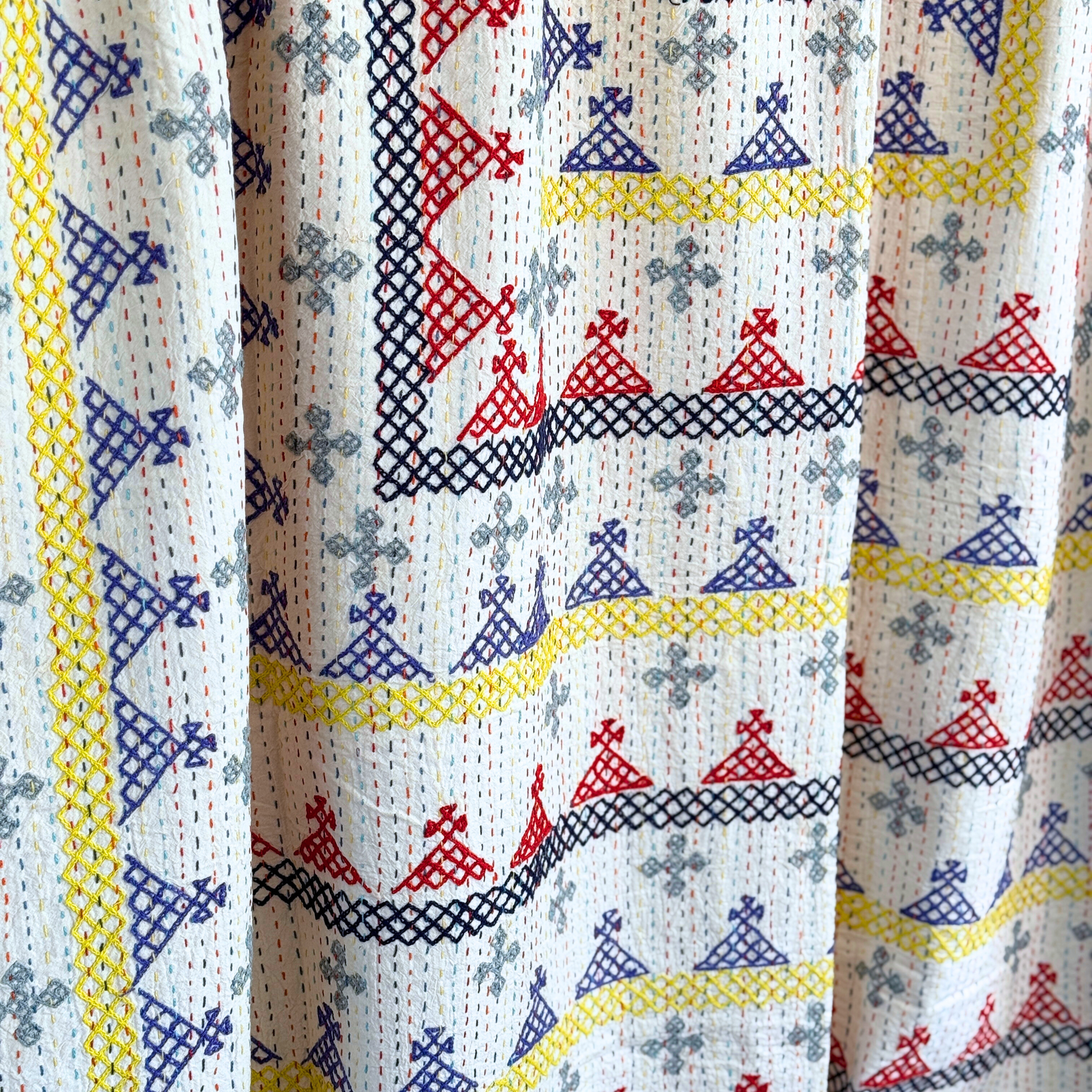 LARGE KANTHA BEDSPREAD - BLACK, RED, GREY, YELLOW, BLUE