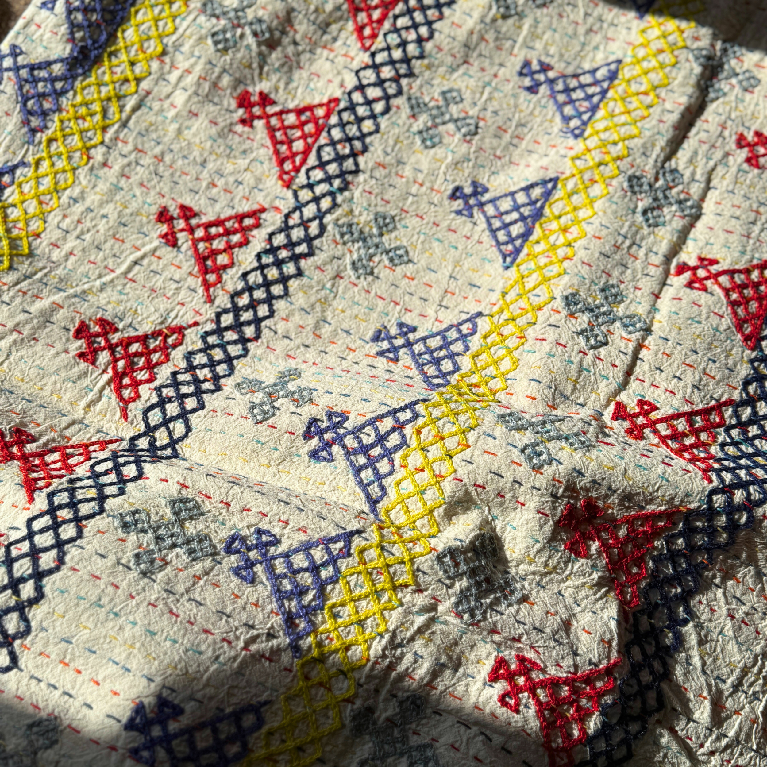 LARGE KANTHA BEDSPREAD - BLACK, RED, GREY, YELLOW, BLUE