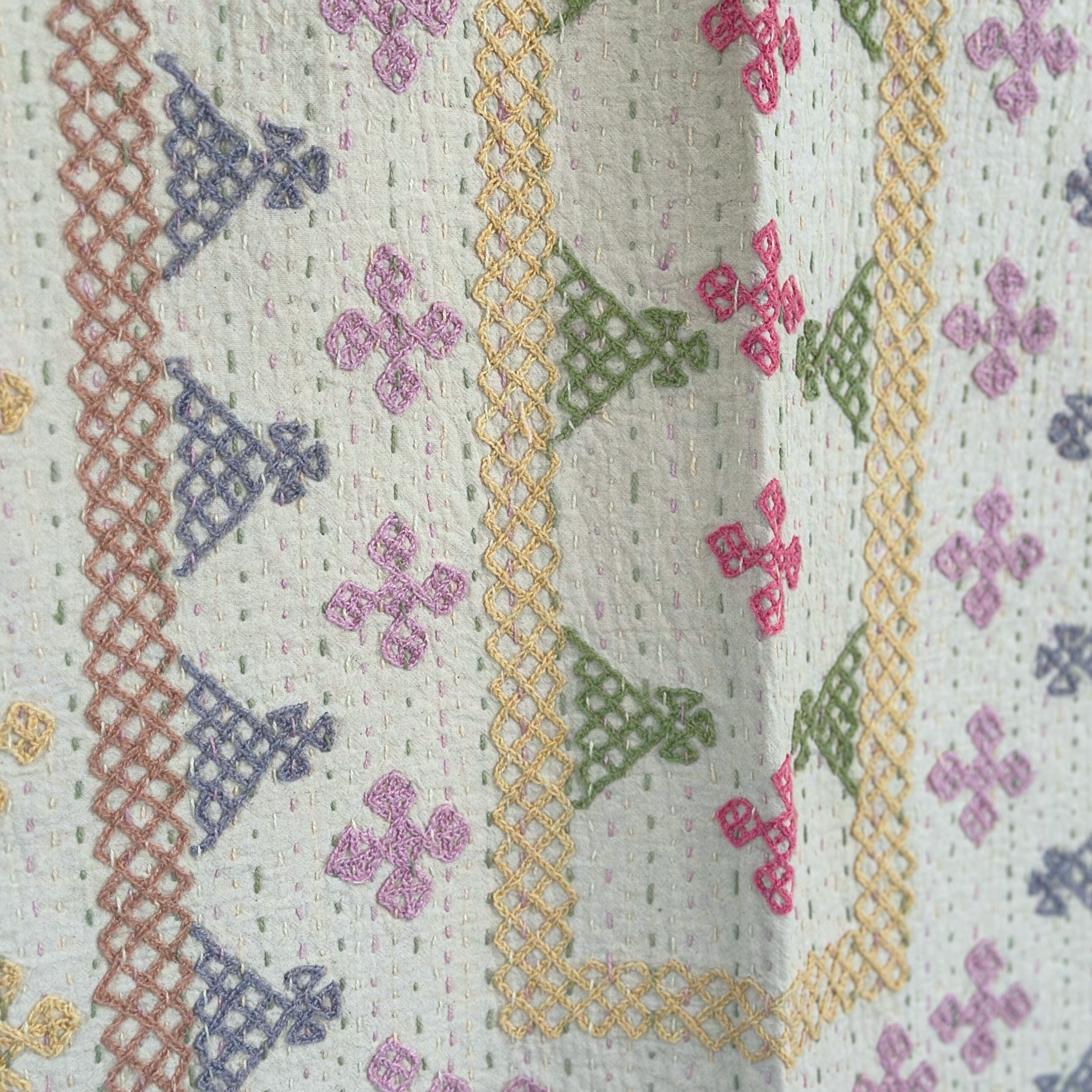 SINGLE KANTHA  - GREY, LILAC, PEACH, PINK, GREEN