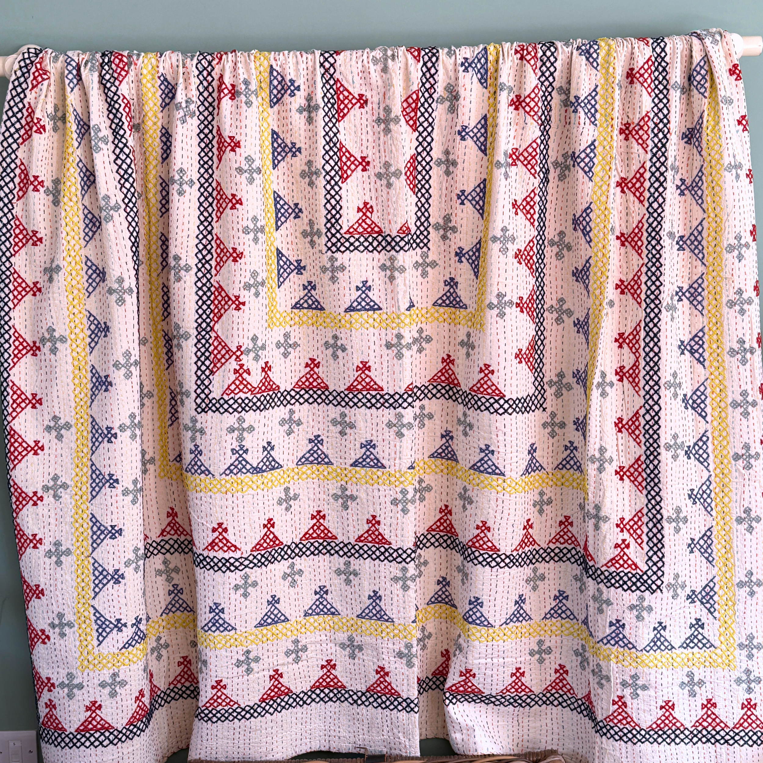 LARGE KANTHA BEDSPREAD - BLACK, RED, GREY, YELLOW, BLUE