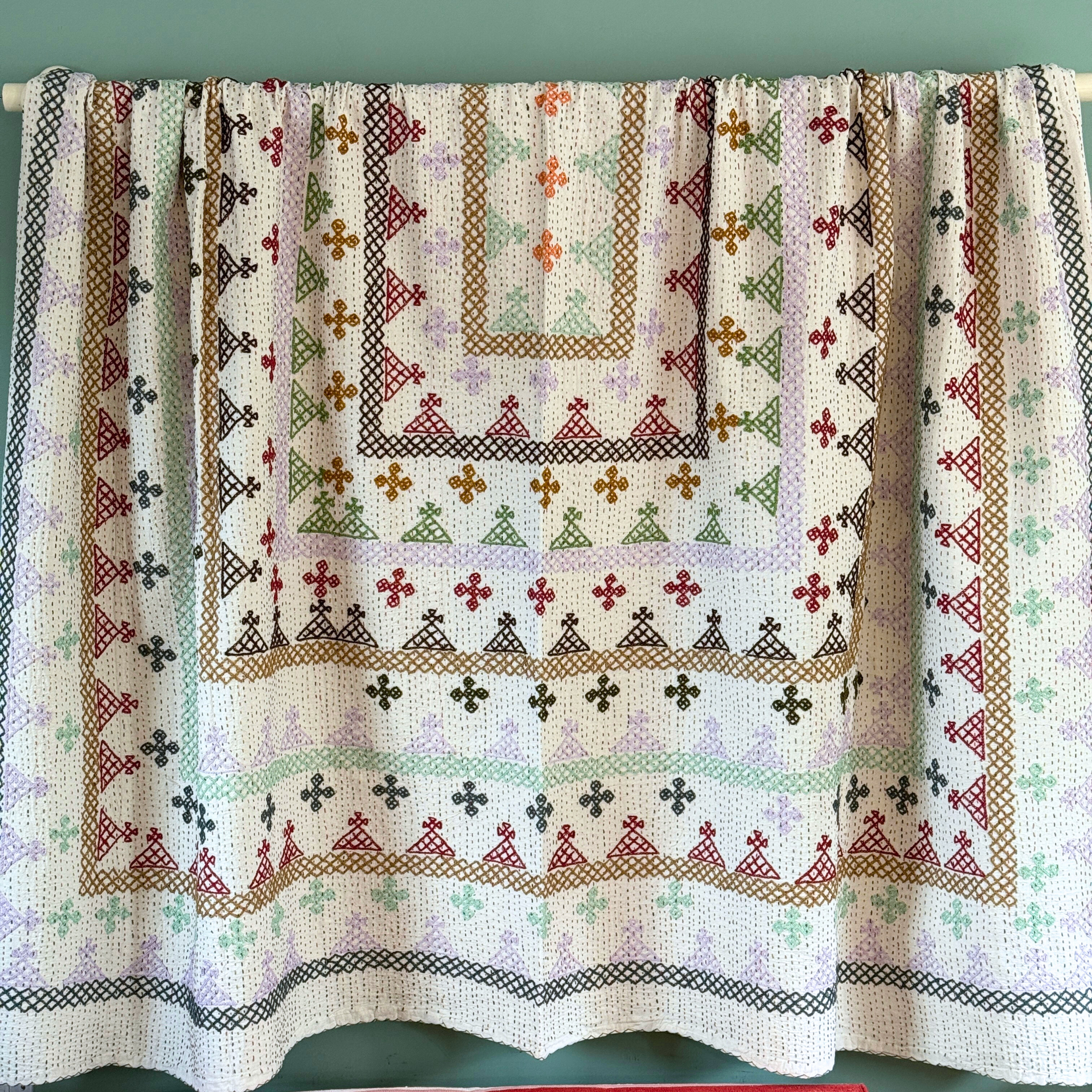 LARGE KANTHA BEDSPREAD - KHAKI GREEN, LILAC, MINT, TAUPE, CLARET RED