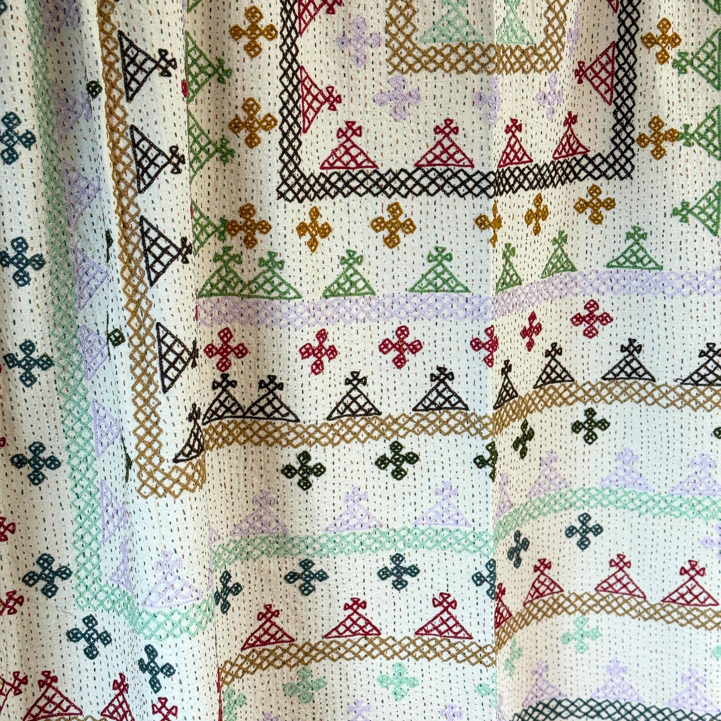 LARGE KANTHA BEDSPREAD - KHAKI GREEN, LILAC, MINT, TAUPE, CLARET RED