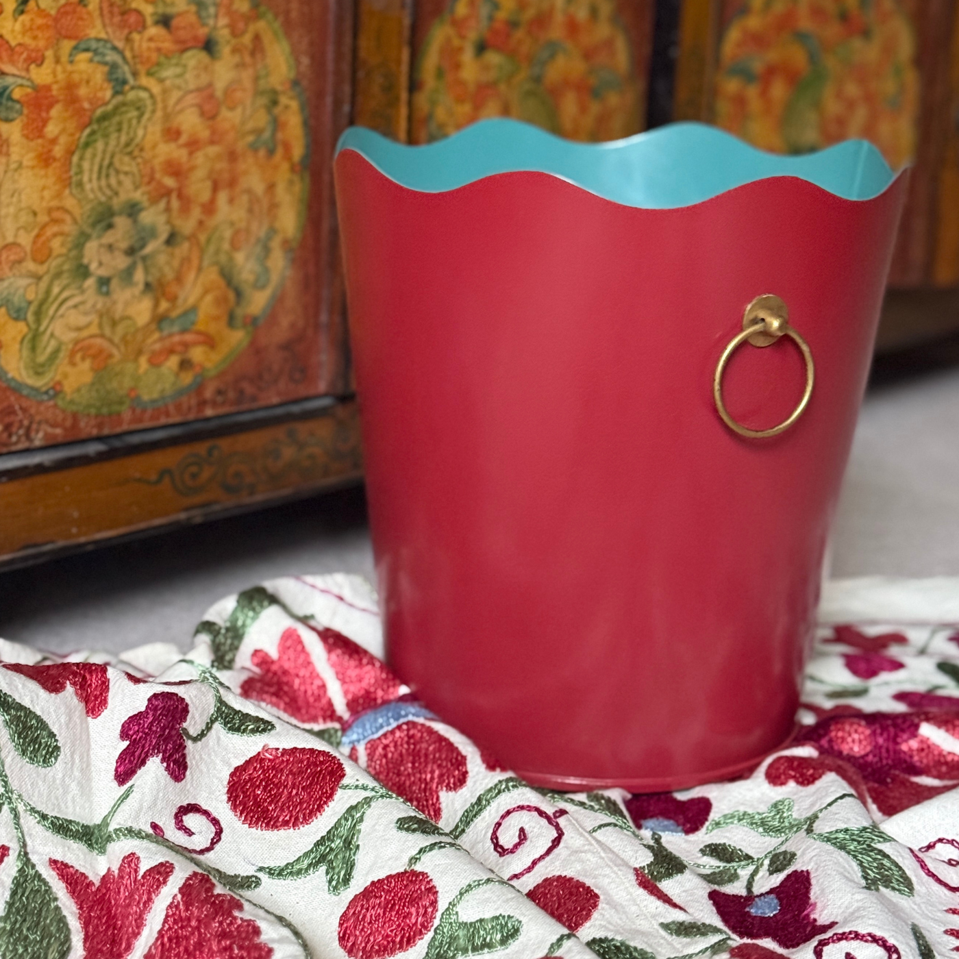 red toleware scallop edge waste paper bin