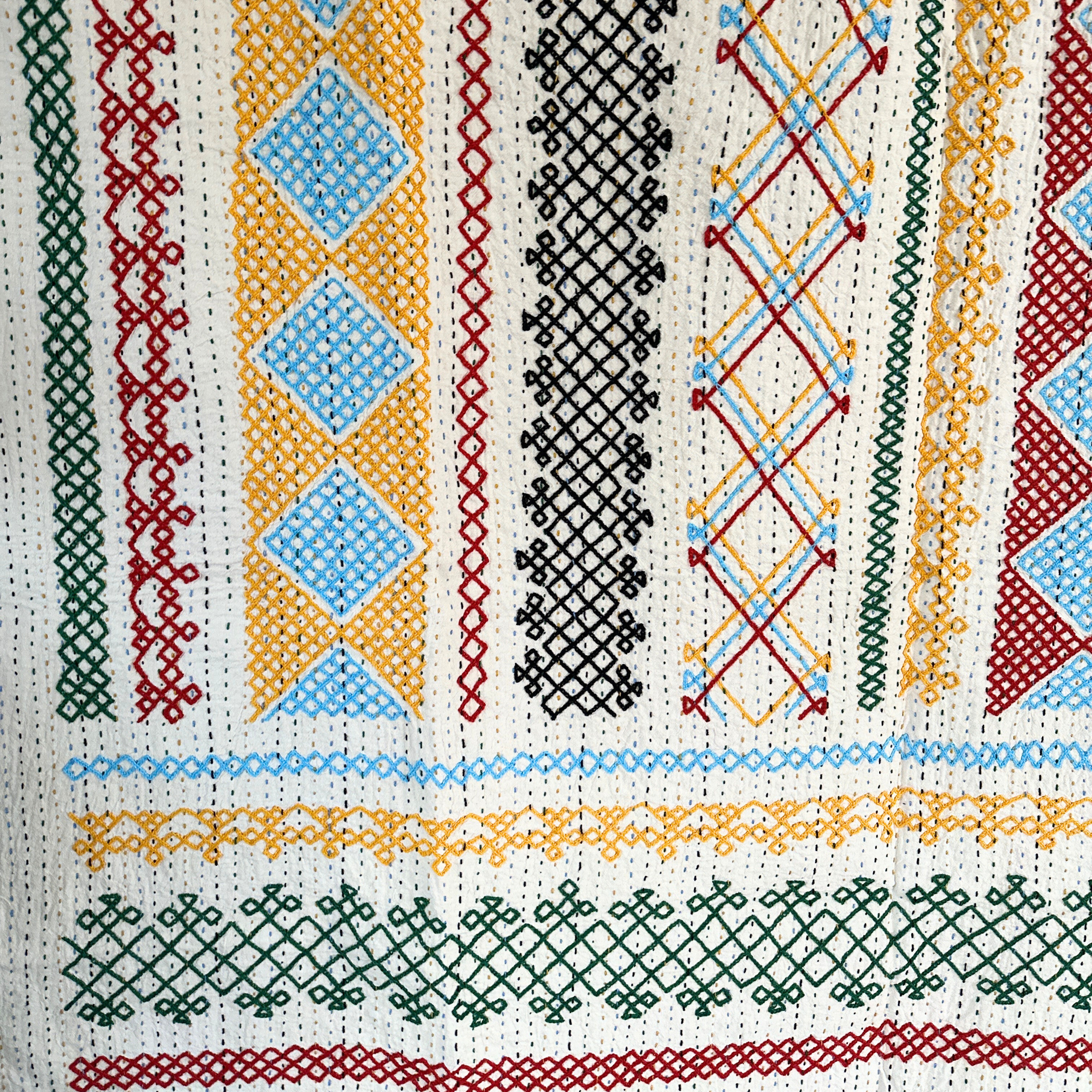 SINGLE KANTHA - CRISS CROSS BLACK, RED, GREEN,YELLOW, BLUE, BLACK