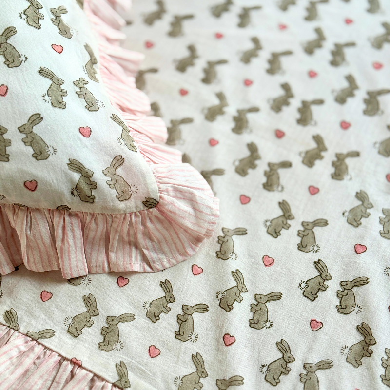 pink bunny block printed duvet cover
