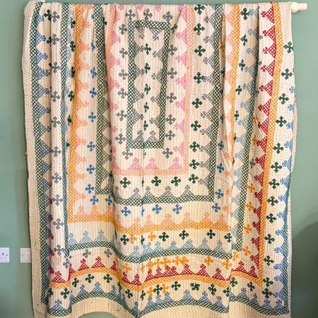 LARGE KANTHA BEDSPREAD - GREEN, BLUE, YELLOW, RED, GRAY, PALE PINK