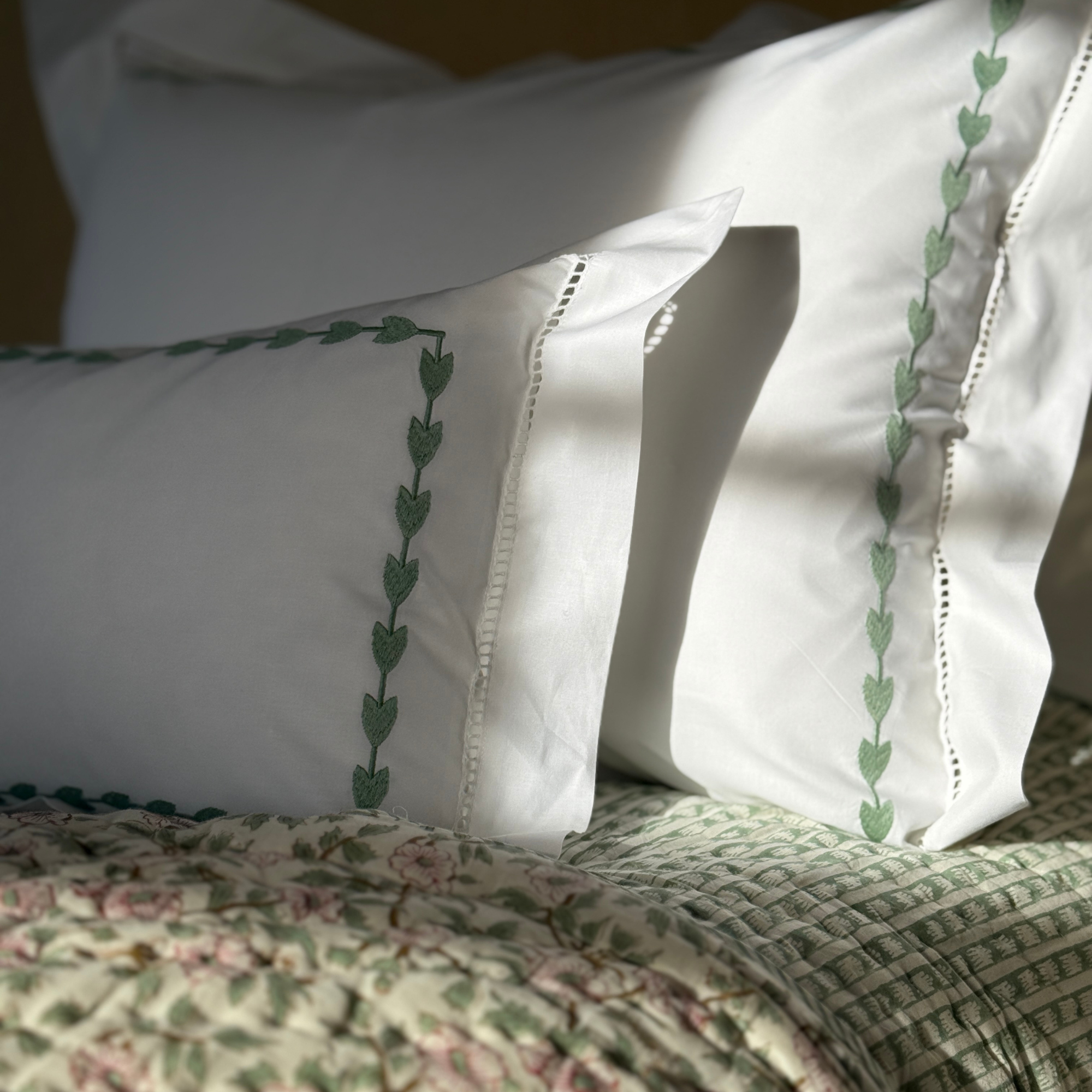 Green Leaf Embroidered Pillowcase