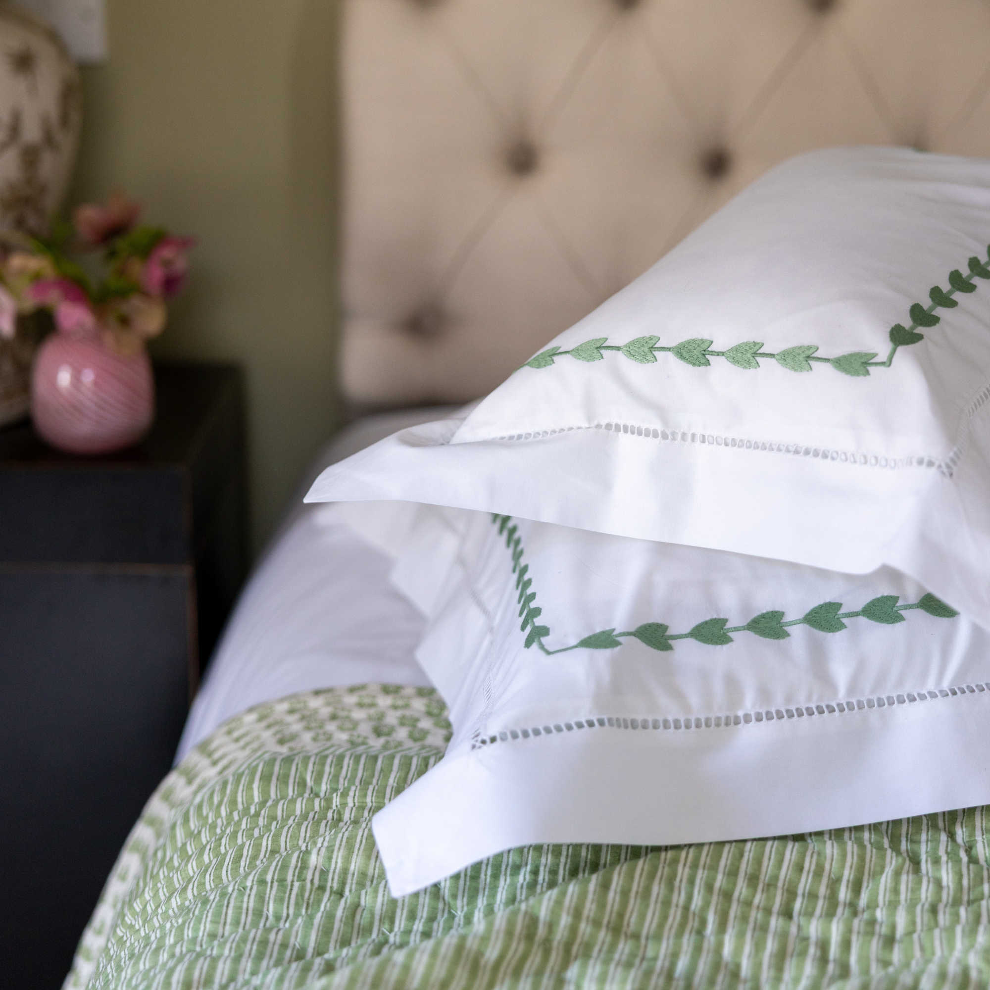 Green Leaf Embroidered Pillowcase, Super King