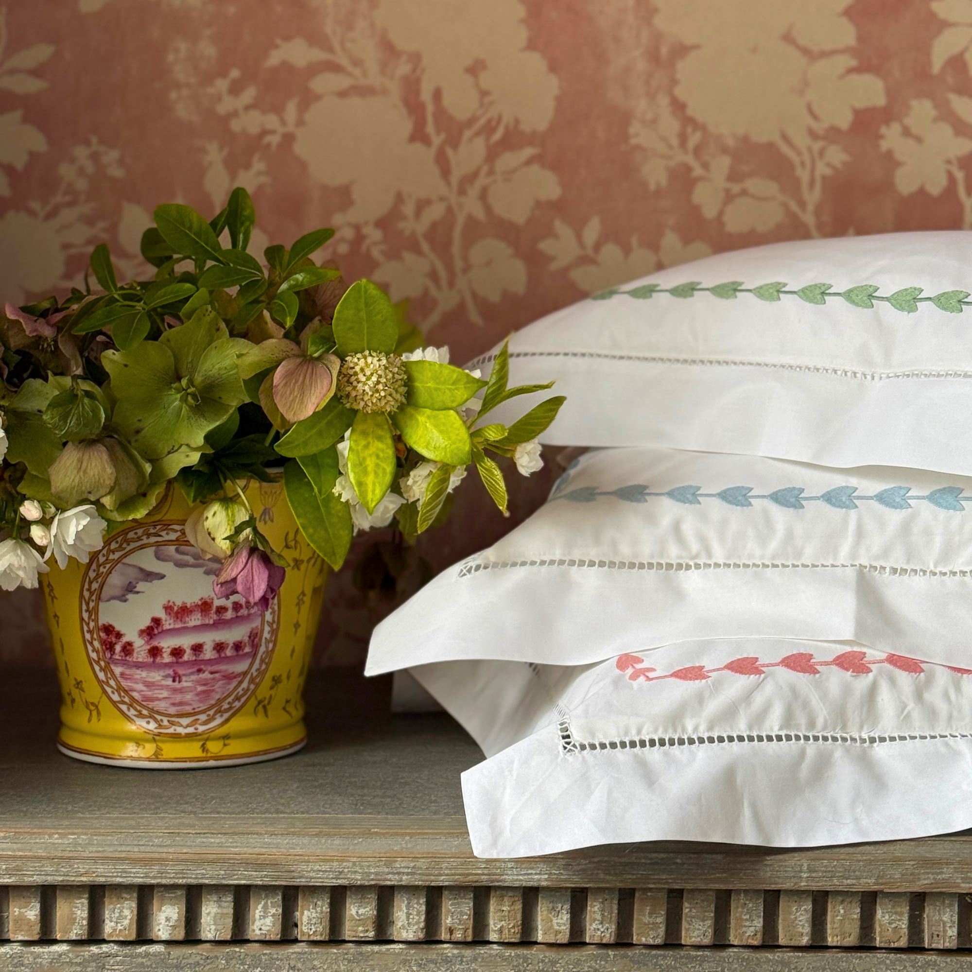 Blue Leaf Embroidered Pillowcase, Square