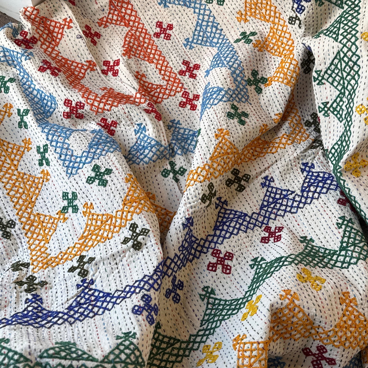 LARGE KANTHA BEDSPREAD - BLUE, BURGUNDY, YELLOW, GREEN, BLUE, KHAKI