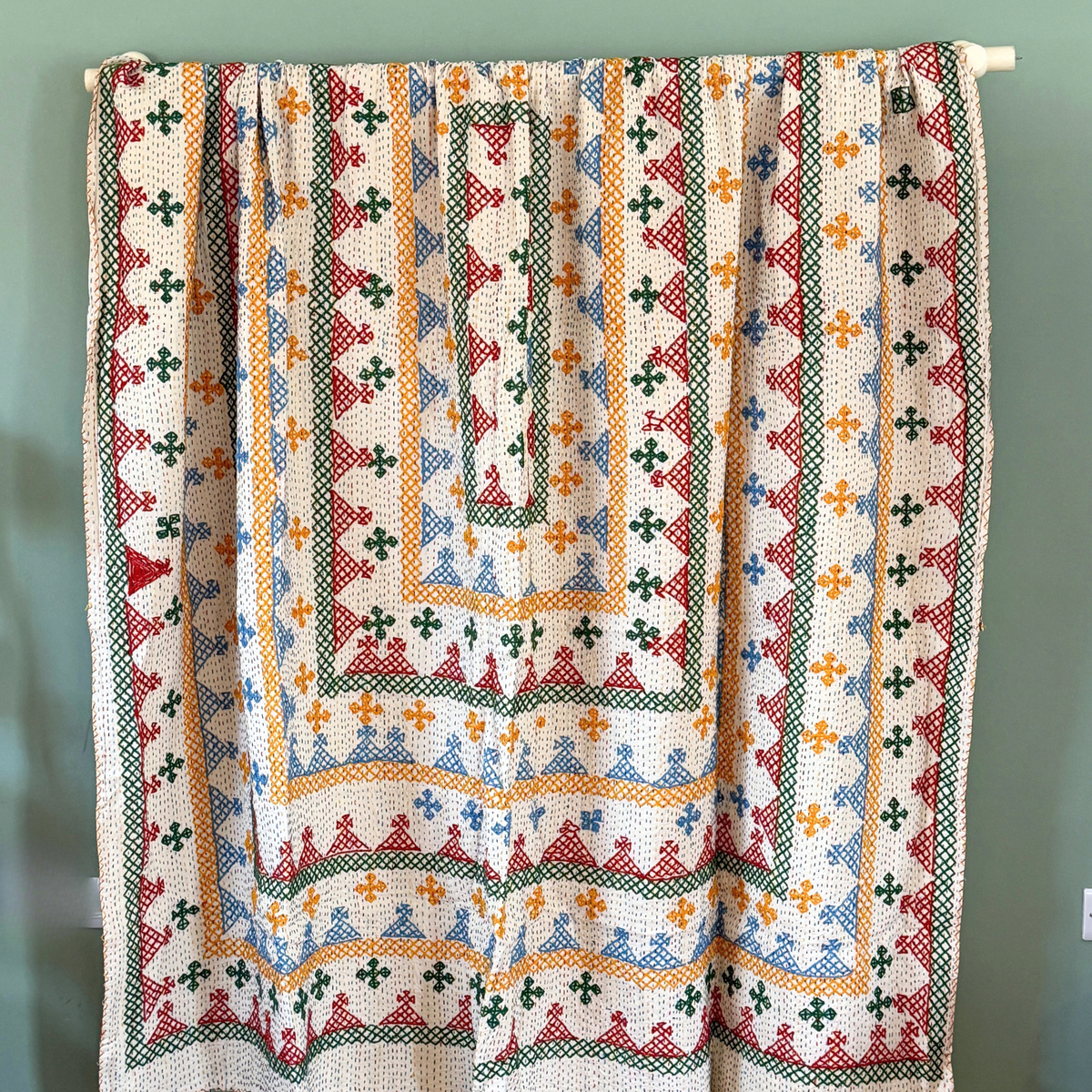 LARGE KANTHA BEDSPREAD - GREEN, RED, YELLOW, BLUE
