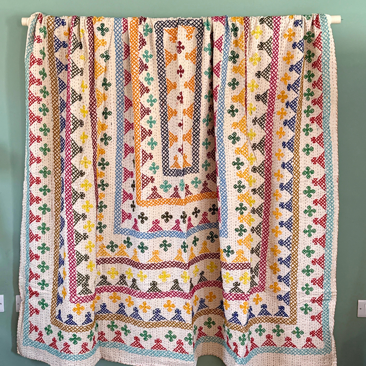 LARGE KANTHA BEDSPREAD - TURQUOISE, RED, GREEN, MUSTARD, PURPLE, PINK, YELLOW