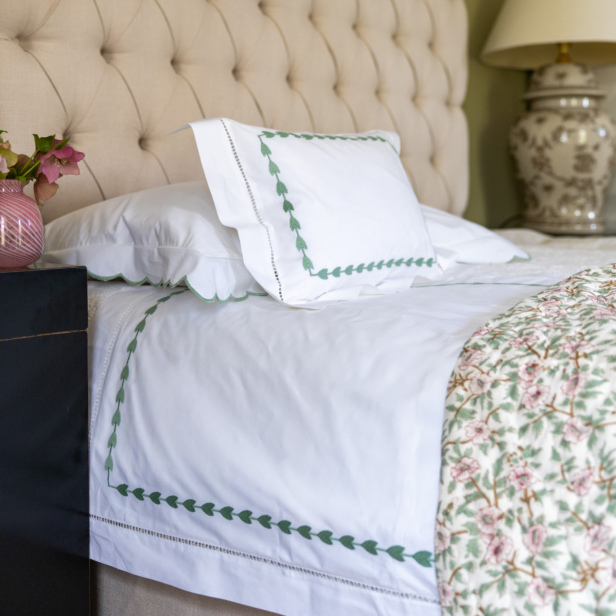 Green Leaf Embroidered Pillowcase, Super King