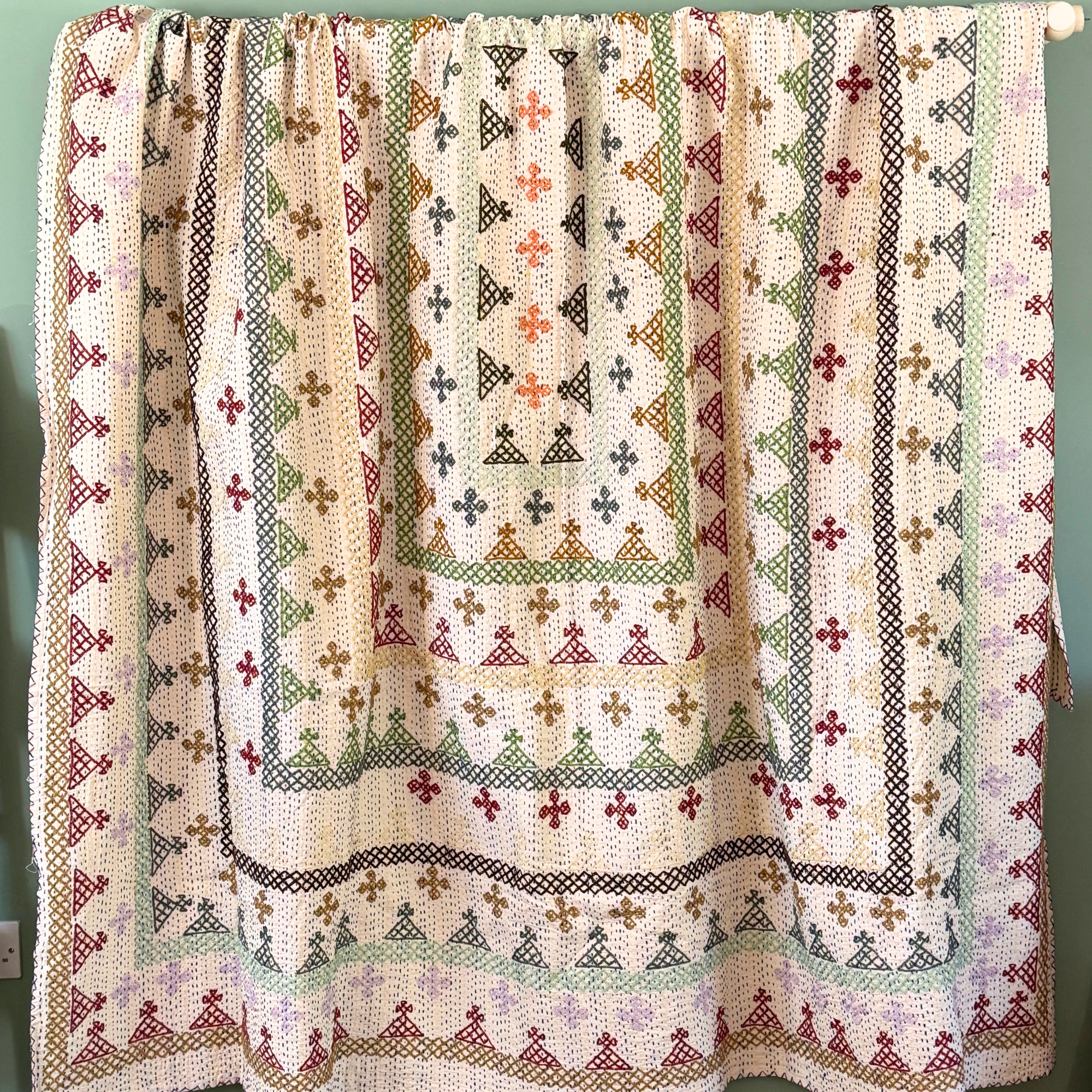 LARGE KANTHA BEDSPREAD - TAUPE, RUSSET, VIOLET, MINT, GREY, BEIGE