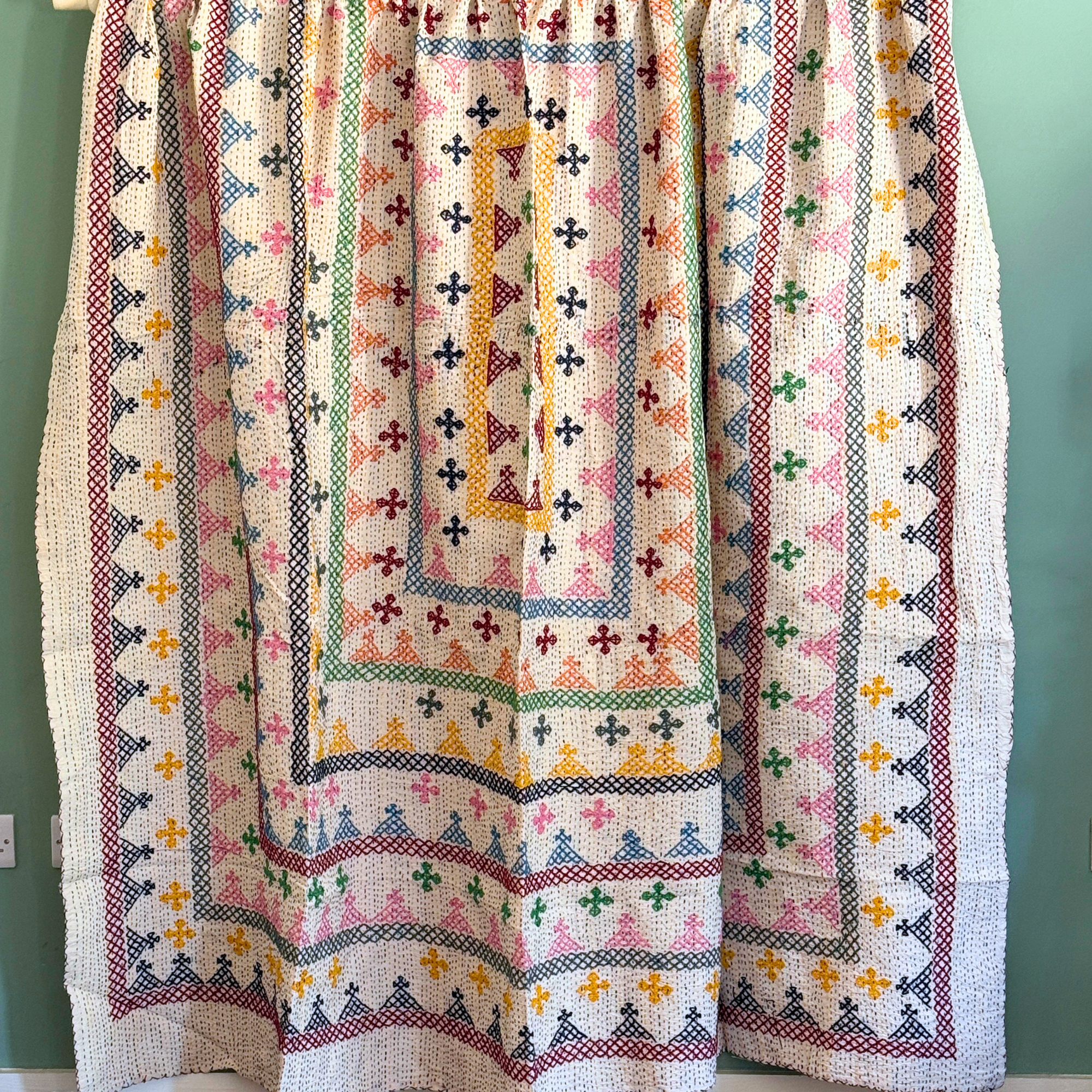 LARGE KANTHA BEDSPREAD - CHOCOLATE, NAVY, YELLOW, GREY, PINK, GREEN