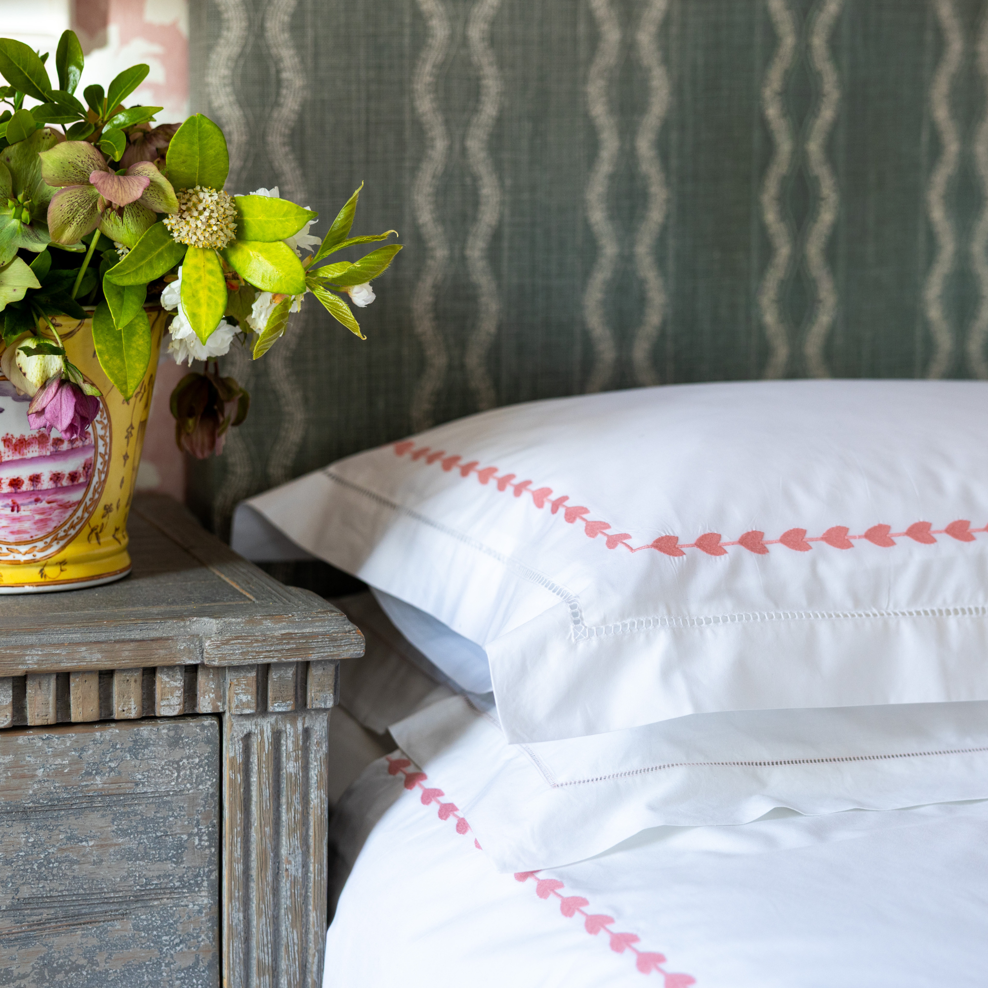 Pink Leaf Embroidered Pillowcase, Square