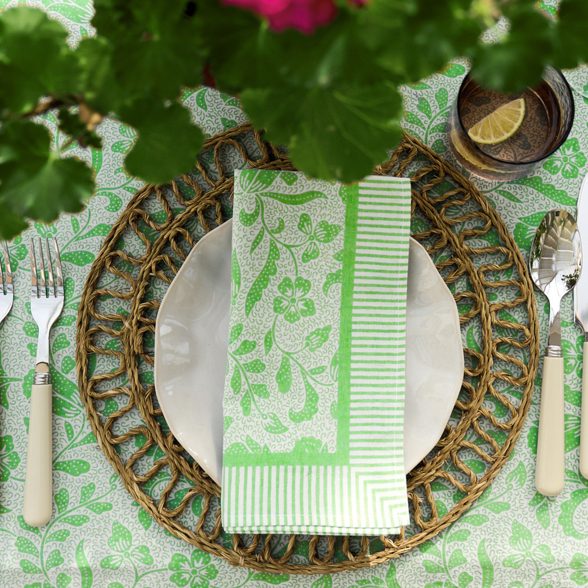 Sample - Green Ottilie Tablecloth (150cm x 250cm)