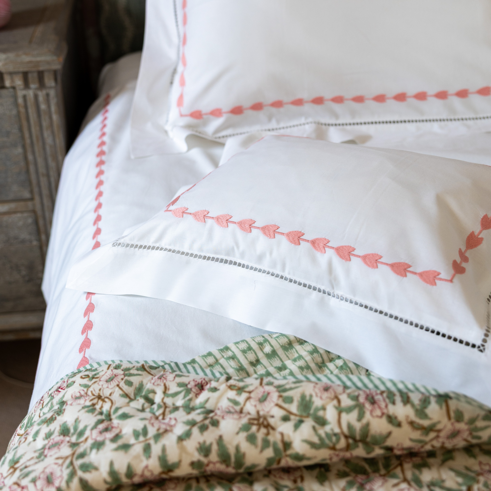 Pink Leaf Embroidered Duvet Cover