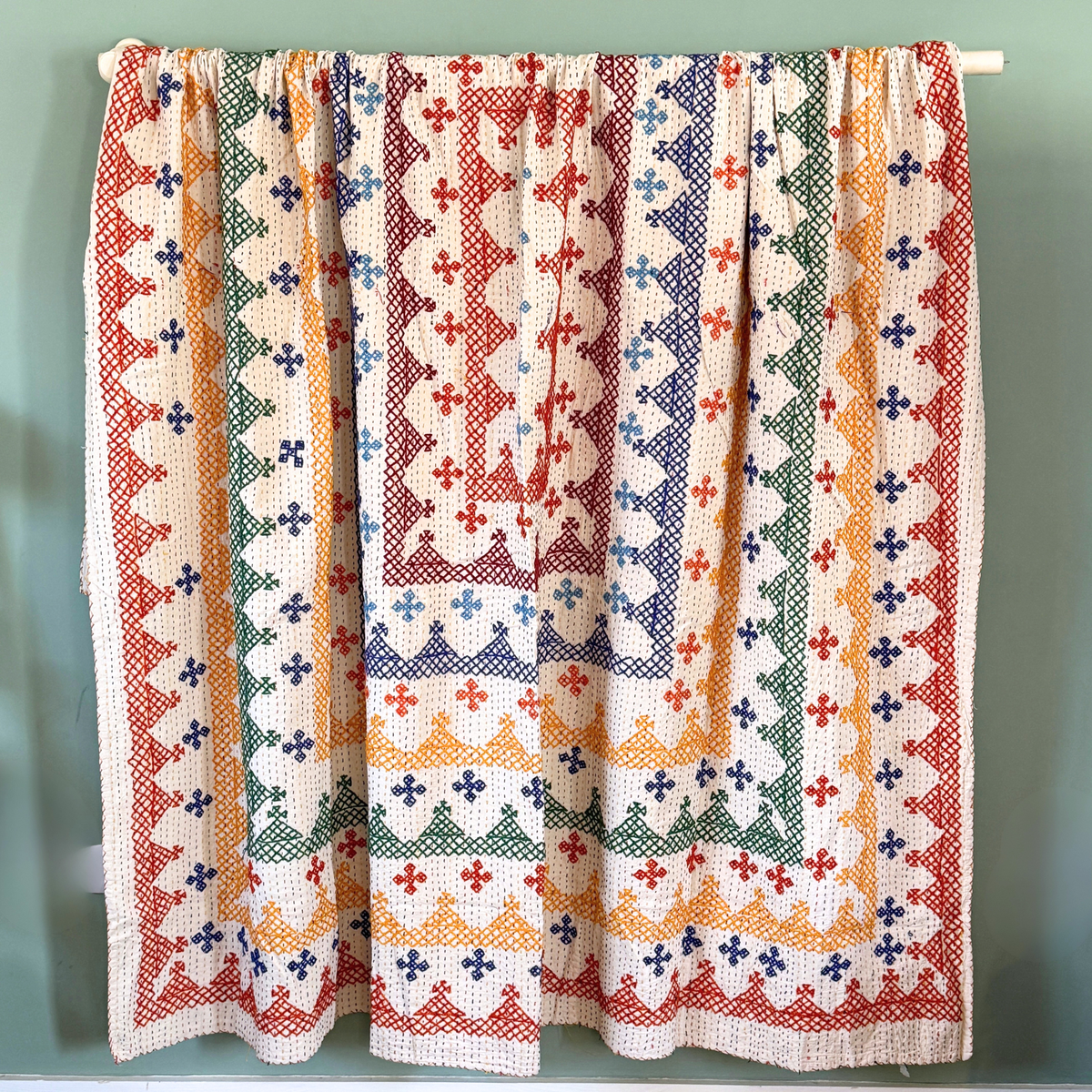 LARGE KANTHA BEDSPREAD - ORANGE, PURPLE, YELLOW, GREEN,