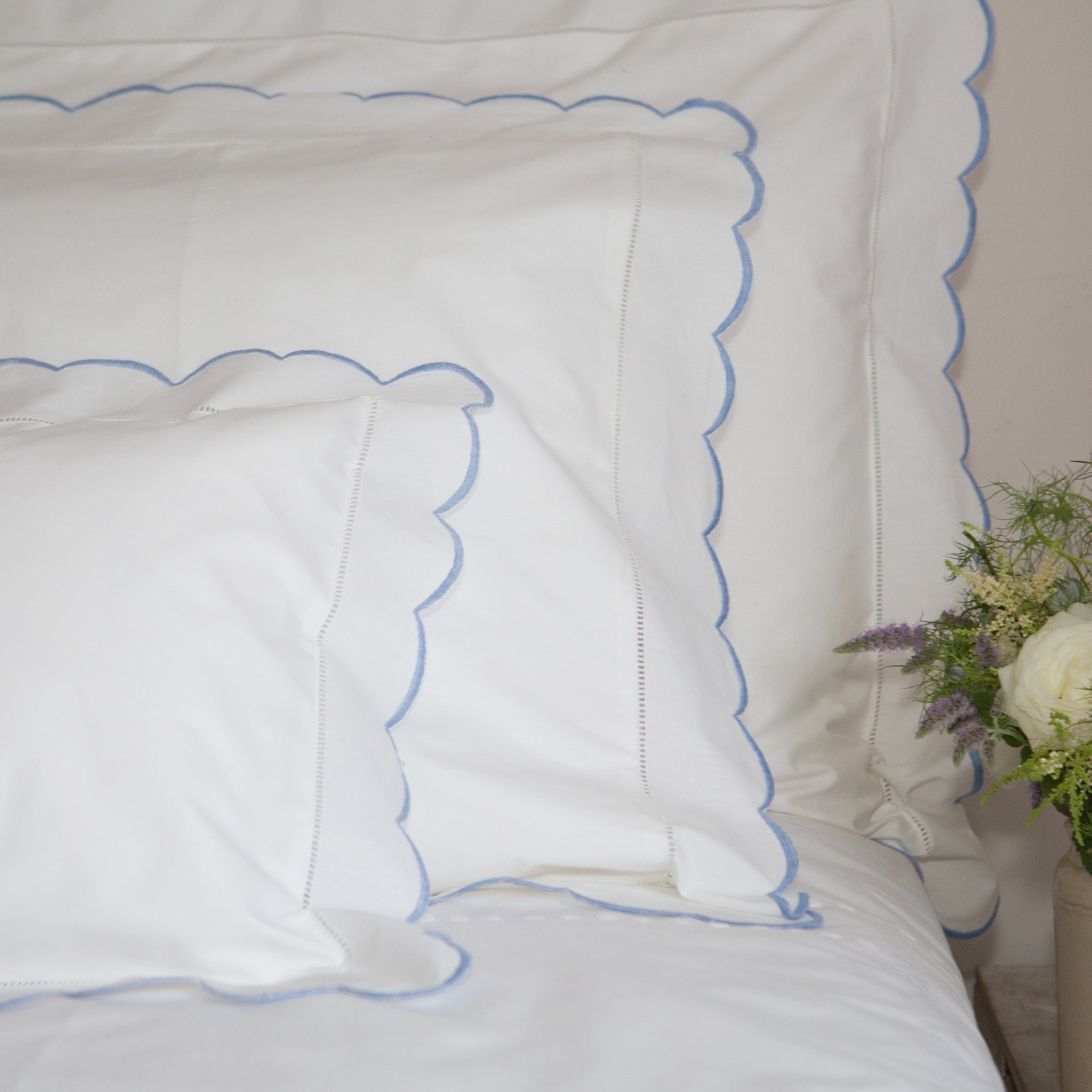 Cotton Blue Scallop Square Pillowcase with hand hemstitched border
