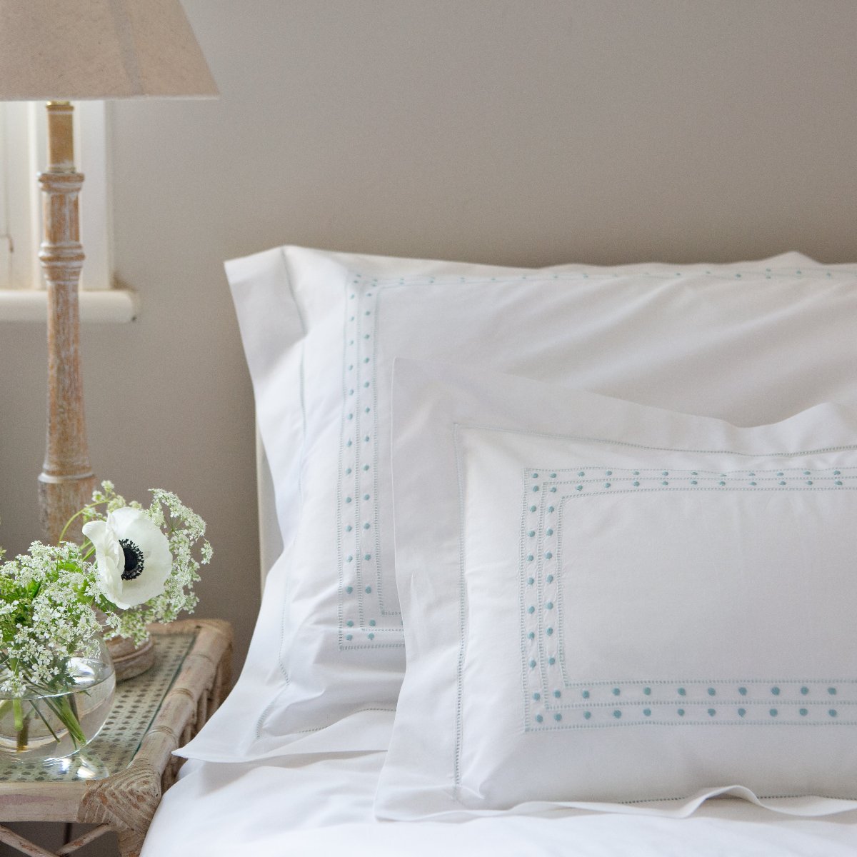 Cotton hand embroidered Matilda Duck Egg Pillowcase with hand hem stitched border