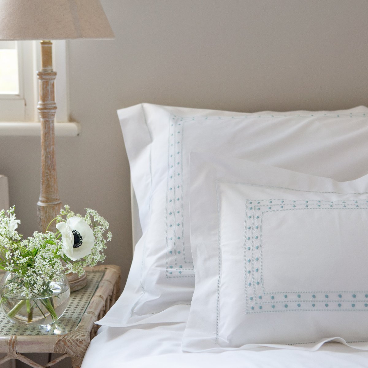 Cotton Duck Egg Matilda Super King Pillowcase with hand embroidered design
