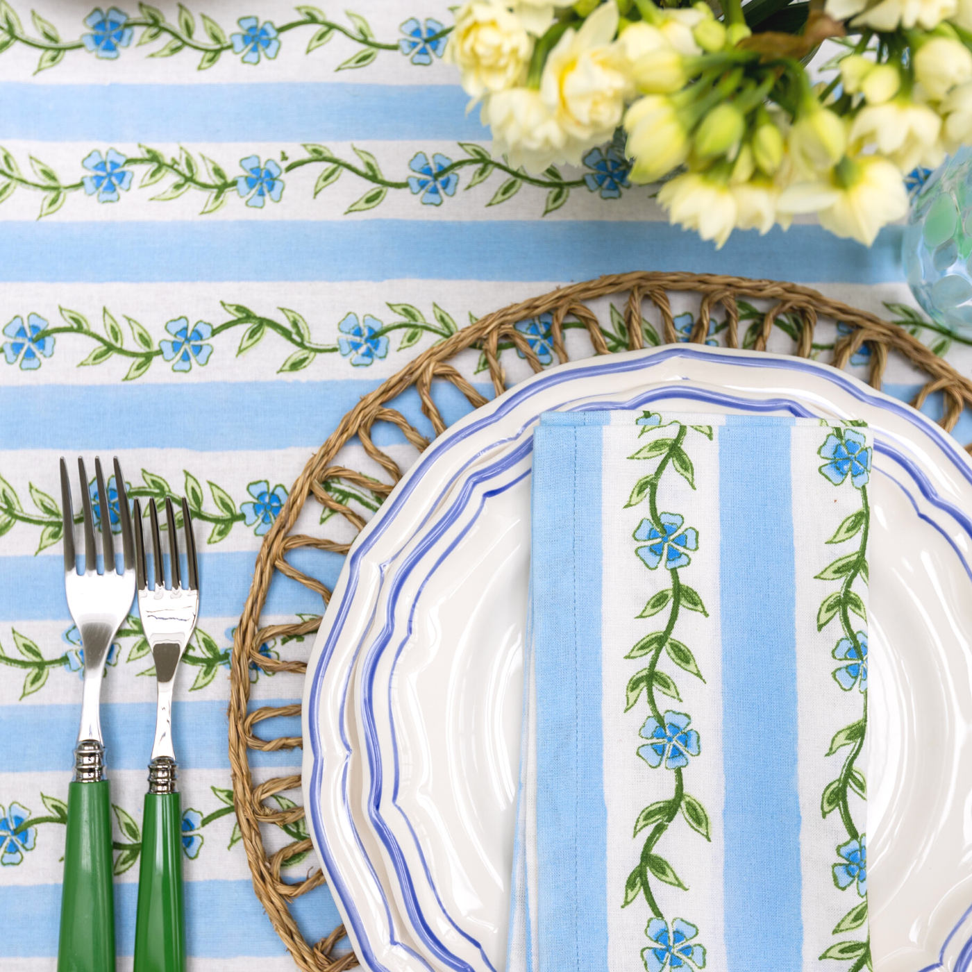Blue Stripe and floral hand block printed napkins