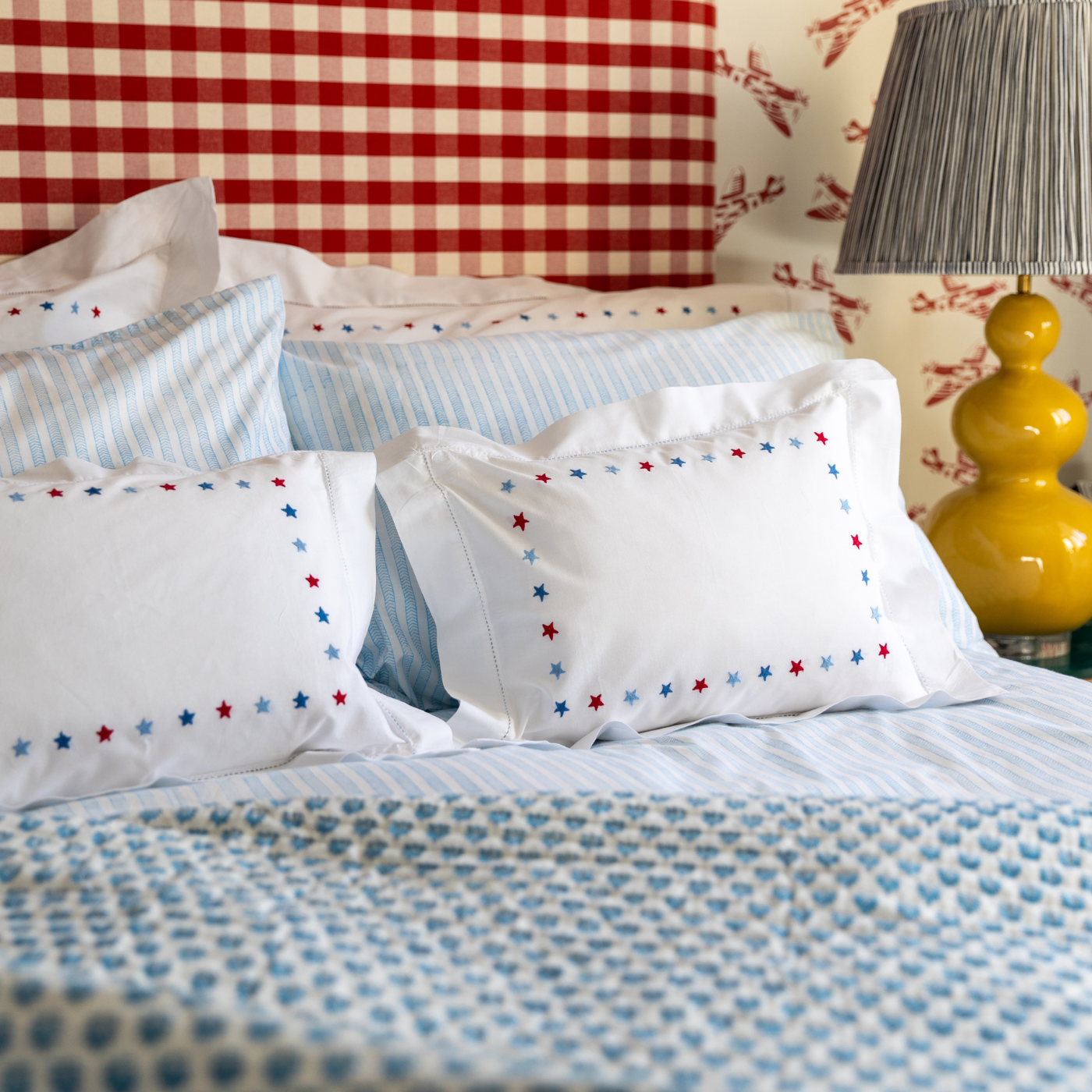 Cotton Oxford hand embroidered Red & Blue Star Pillowcase

