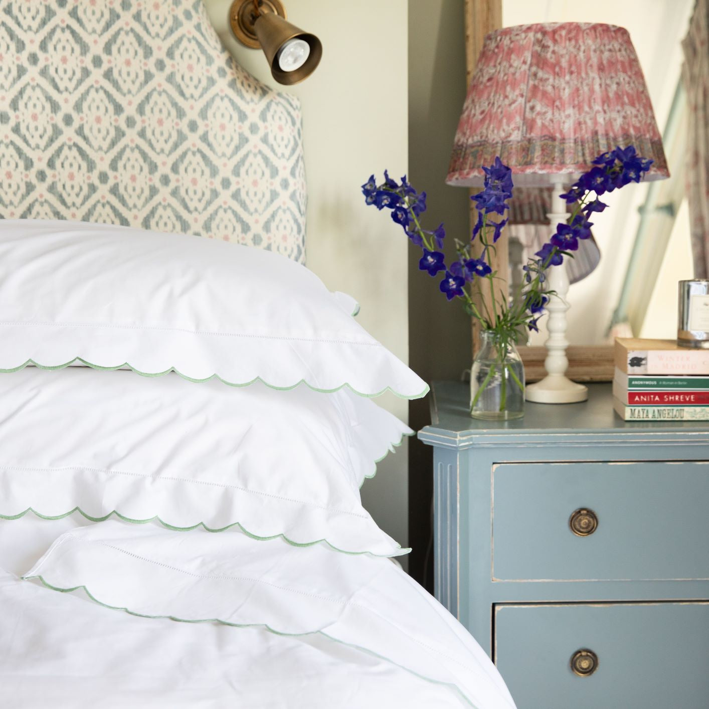 Cotton Sage Green Scallop Super King Pillowcase with hemstitched border
