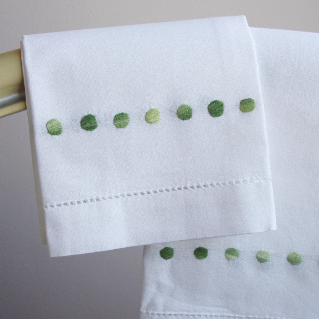 Cotton Hand Embroidered Shaded Green Dots Hand Towel
