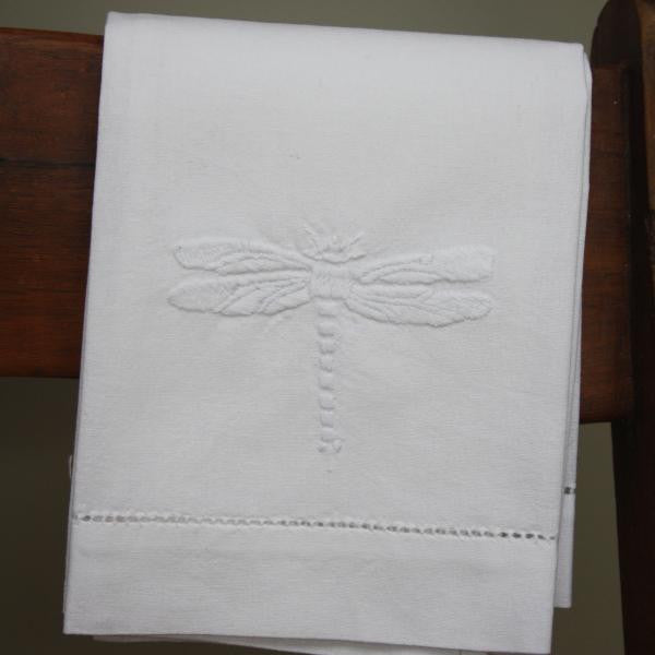 Cotton White dragonfly hand embroidered hand towel