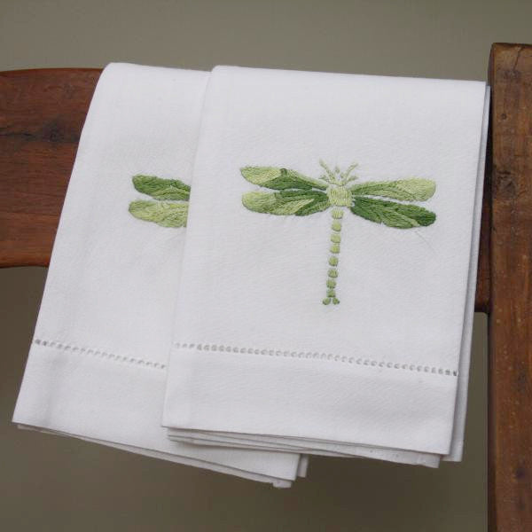Shaded green dragonfly embroidered hand towel